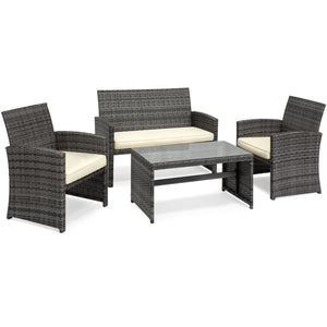 4-Piece Outdoor Wicker Sofa Furniture Set w/ 1 Double, 2 Single Sofas, Table