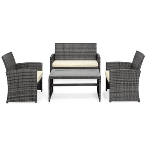 4-Piece Outdoor Wicker Sofa Furniture Set w/ 1 Double, 2 Single Sofas, Table