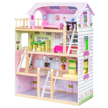 Load image into Gallery viewer, 4-Level Kids Wooden Dollhouse w/ 13 Pieces of Furniture
