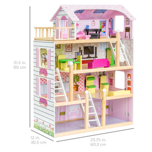 4-Level Kids Wooden Dollhouse w/ 13 Pieces of Furniture