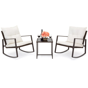 3-Piece Wicker Bistro Furniture Set w/ 2 Rocking Chairs, Glass Side Table