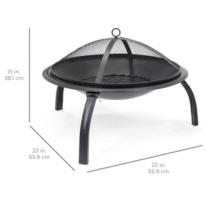 22in Folding Steel Fire Pit Bowl w/ Mesh Cover, Poker