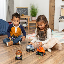 Load image into Gallery viewer, Set of 4 Kids T-Rex &amp; Triceratops Dinosaur Bump &amp; Go Toy Cars w/ LED Lights
