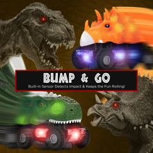 Load image into Gallery viewer, Set of 4 Kids T-Rex &amp; Triceratops Dinosaur Bump &amp; Go Toy Cars w/ LED Lights
