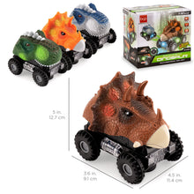 Load image into Gallery viewer, Set of 4 Kids T-Rex &amp; Triceratops Dinosaur Bump &amp; Go Toy Cars w/ LED Lights
