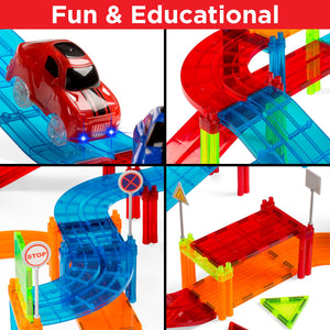 212-Piece Kids Magnetic Tile Car Race Track STEM Building Toy Set w/ 2 Cars