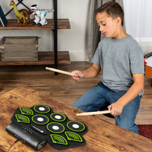 Load image into Gallery viewer, 9 Pad Roll Up Bluetooth Electric Drum Set w/ Headphone Jack, Speaker, Pedal
