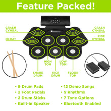 Load image into Gallery viewer, 9 Pad Roll Up Bluetooth Electric Drum Set w/ Headphone Jack, Speaker, Pedal

