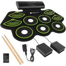 Load image into Gallery viewer, 9 Pad Roll Up Bluetooth Electric Drum Set w/ Headphone Jack, Speaker, Pedal
